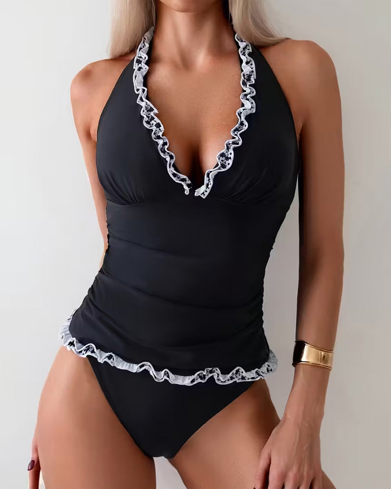 Casual Ruffled Two-Piece Swimwear with V-Neck