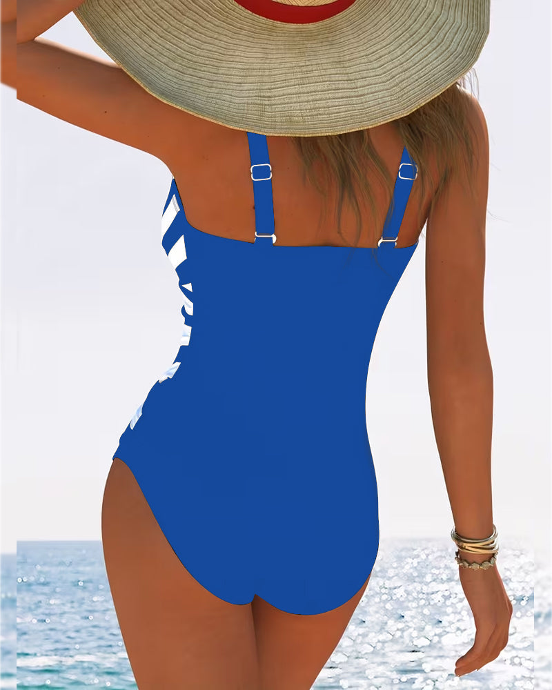 Casual Striped One-Piece Swimsuit with V-Neck