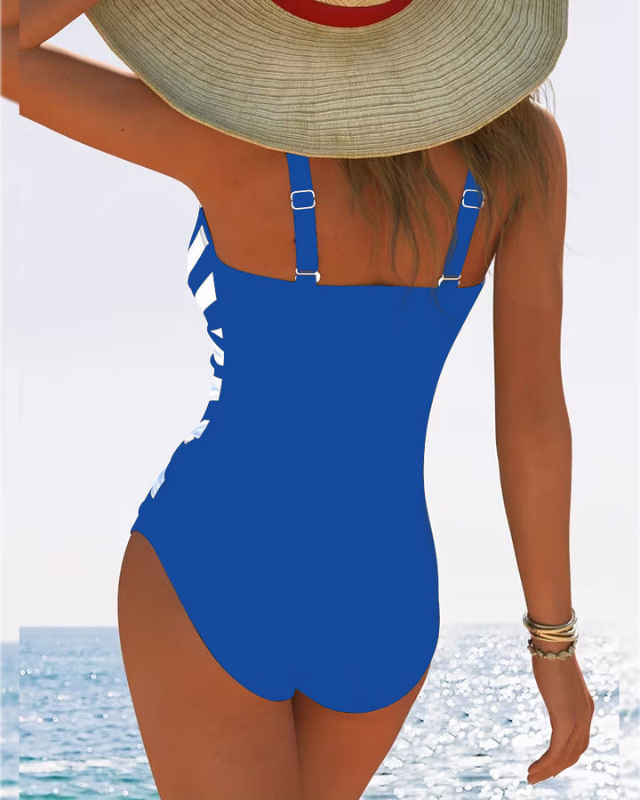 Casual Striped One-Piece Swimsuit with V-Neck