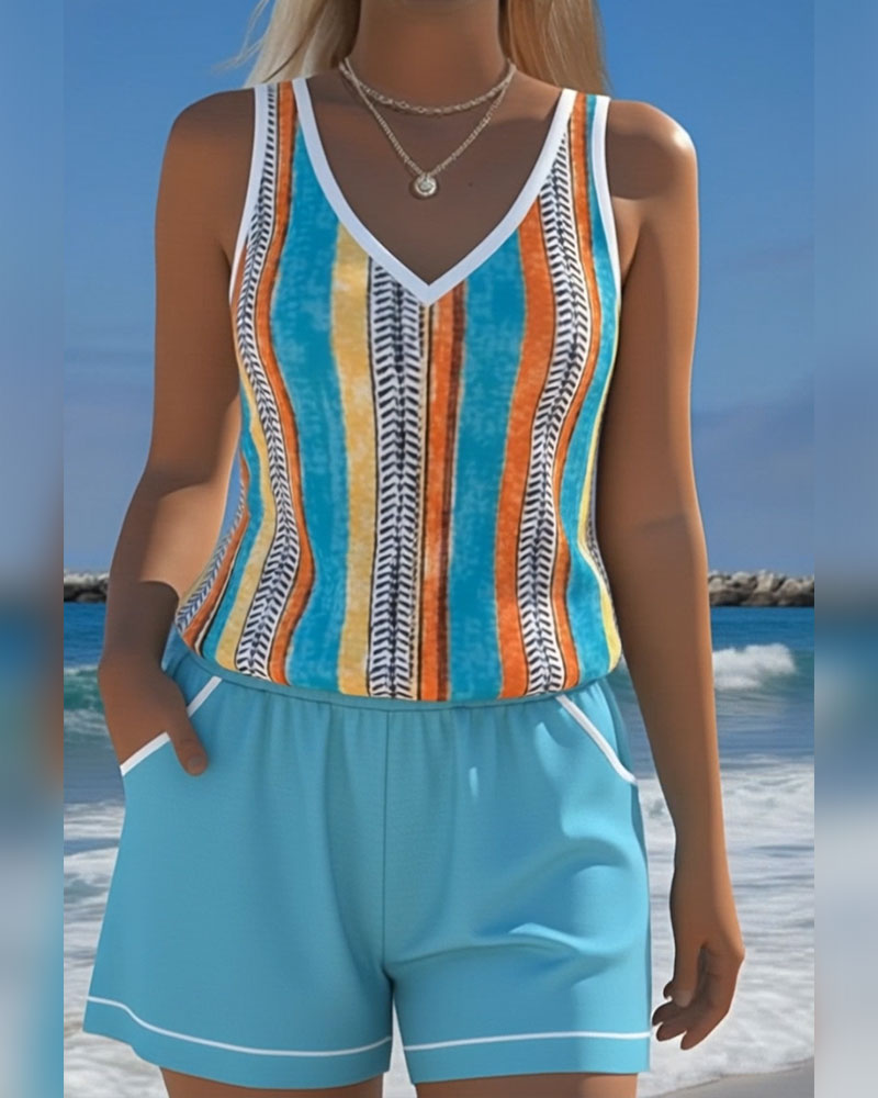 V-Neck Printed Tankini Swimsuit