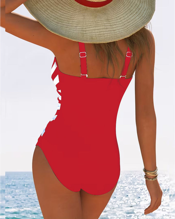 Casual Striped One-Piece Swimsuit with V-Neck