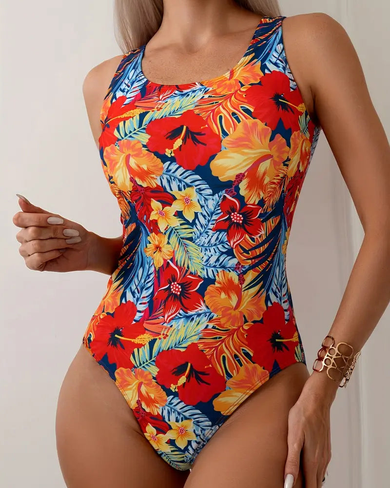 One-Piece Swimsuit Round Neck Wide Straps Floral