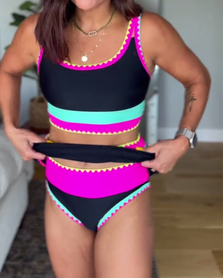 Elegant Three-Piece Color Block Swimsuit