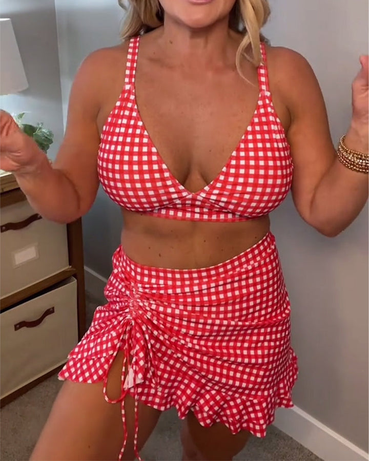 Casual Two-Piece Swimwear with Straps and Plaid Print