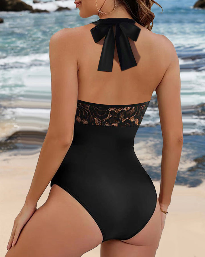 One-Piece Backless Swimsuit with Lace Pleats